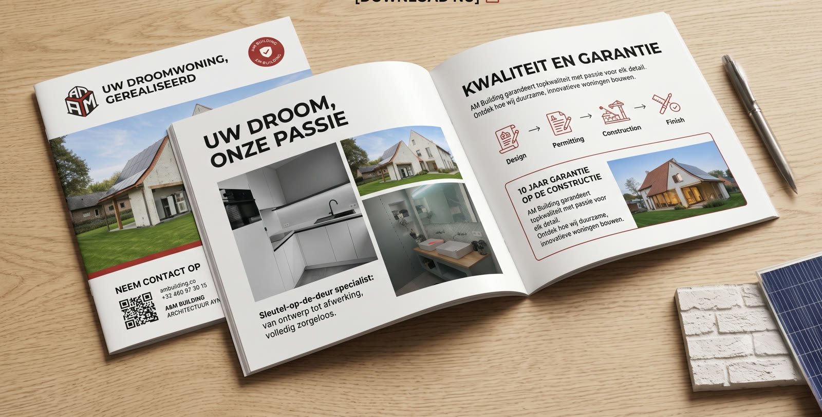 De digitale brochure van AM Building, opengeslagen op de pagina over kwaliteit en tien jaar garantie.